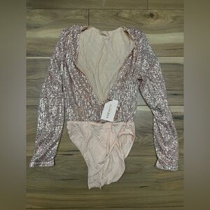 SHEIN Pink Sequin Long Sleeve Bodysuit